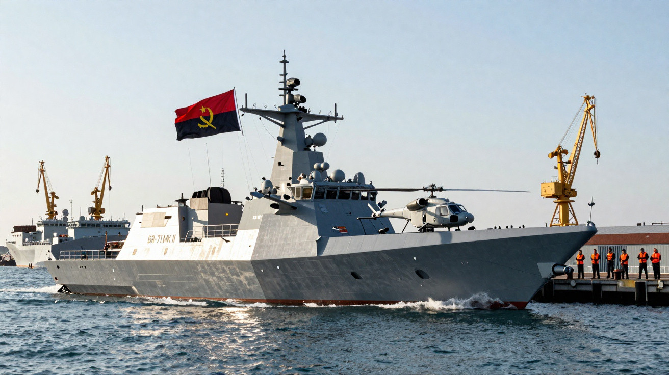Navio de guerra com helicóptero e bandeira de Angola navegando próximo a um cais com guindastes e pessoas.