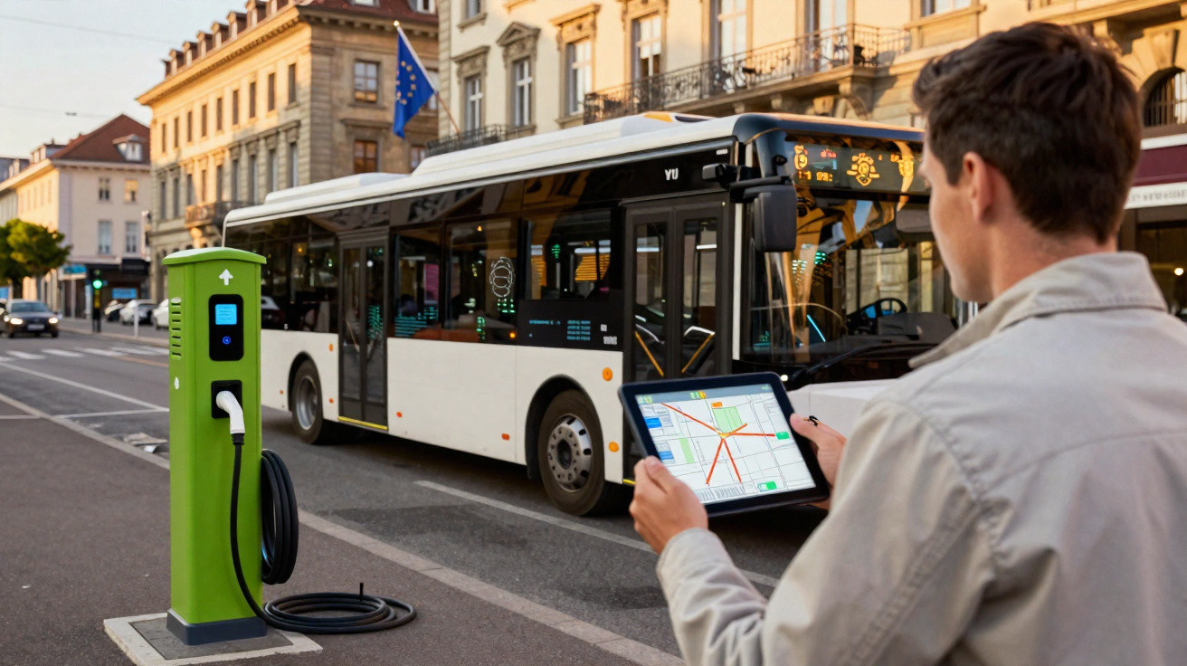 Homem com tablet verifica rota de ônibus elétrico próximo a estação de recarga urbana em área histórica.