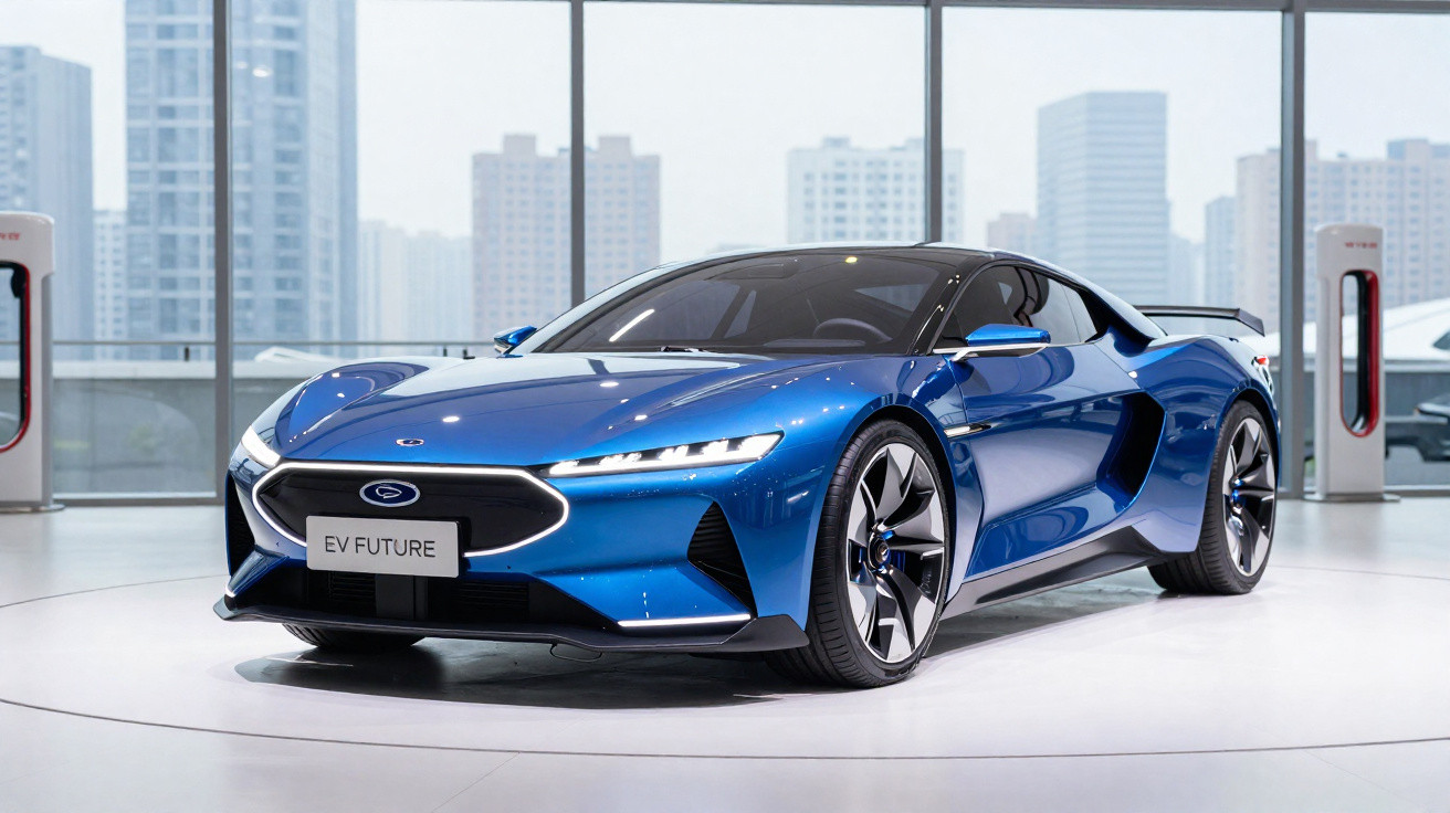 Carro esportivo elétrico azul EV Future estacionado em showroom moderno com prédios ao fundo.