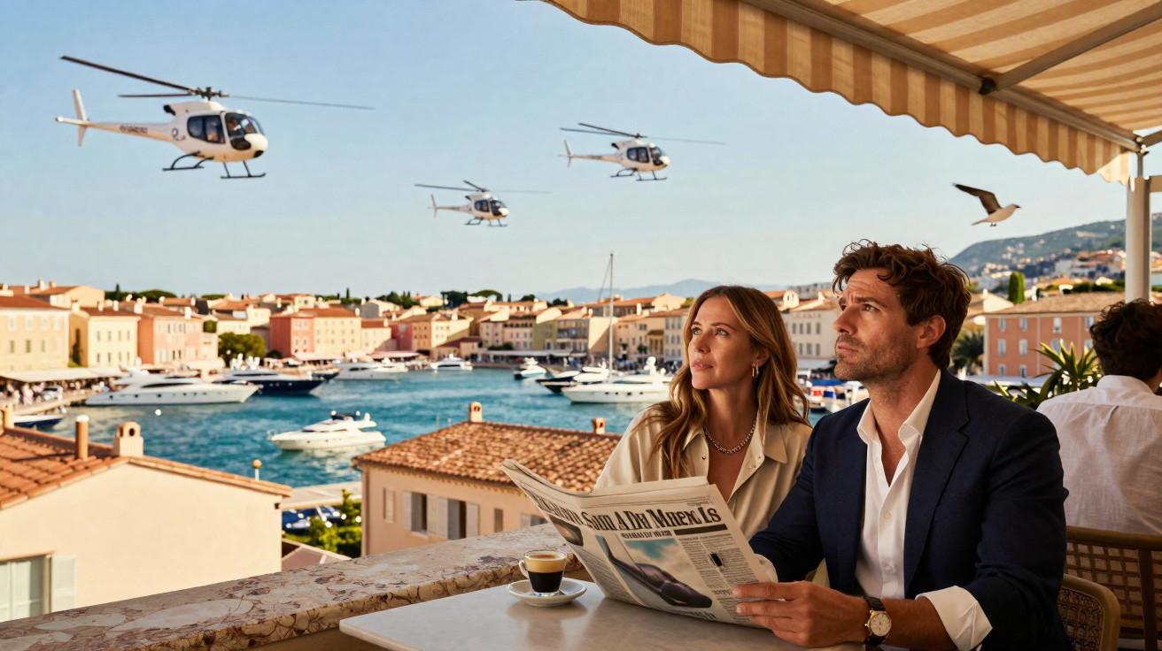 Casal elegante em café com vista para marina e helicópteros voando sob céu claro.