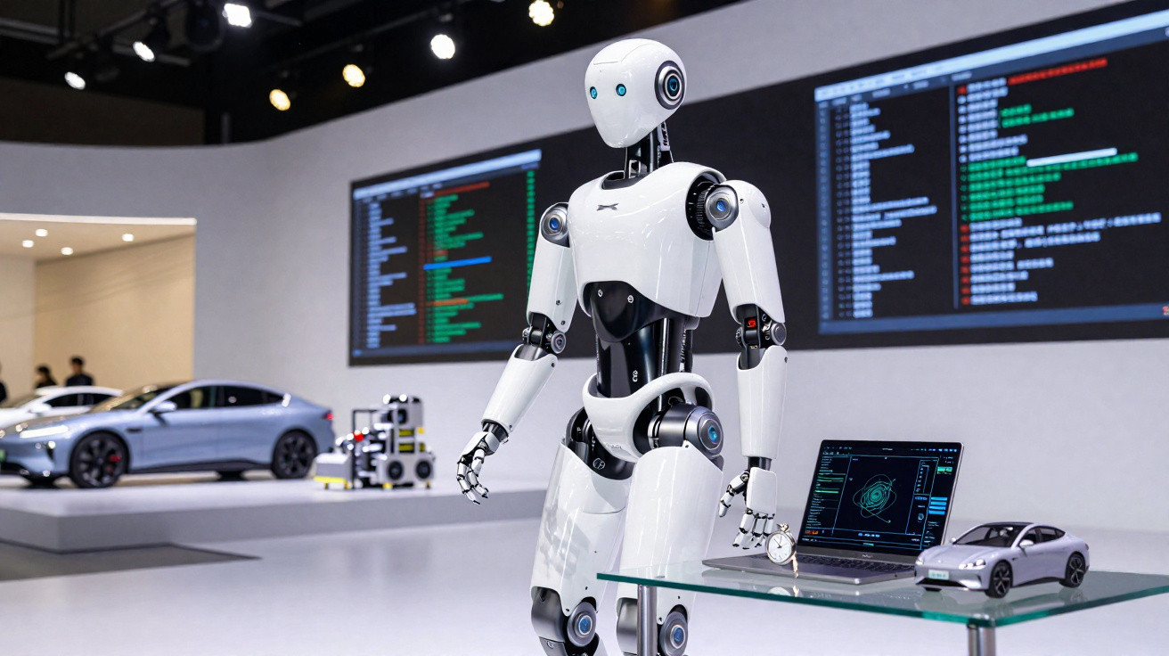 Robô branco e preto em exposição tecnológica com carro em miniatura e laptop em mesa de vidro.
