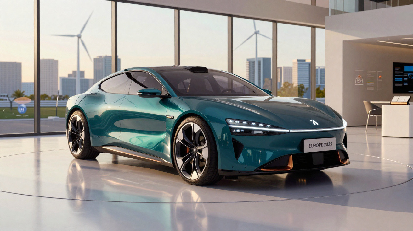 Carro esportivo elétrico verde exibido em showroom moderno com janelas grandes e turbinas eólicas ao fundo.