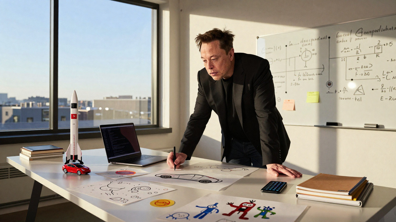 Homem em escritório analisando desenhos de carros e foguetes em mesa com laptop e quadro branco ao fundo.