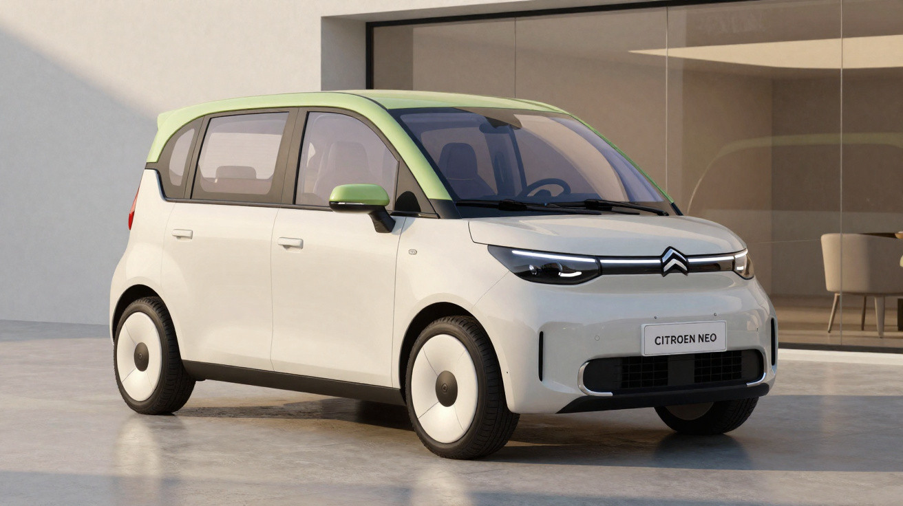 Carro elétrico Citroën Neo branco com teto verde estacionado em área externa moderna.