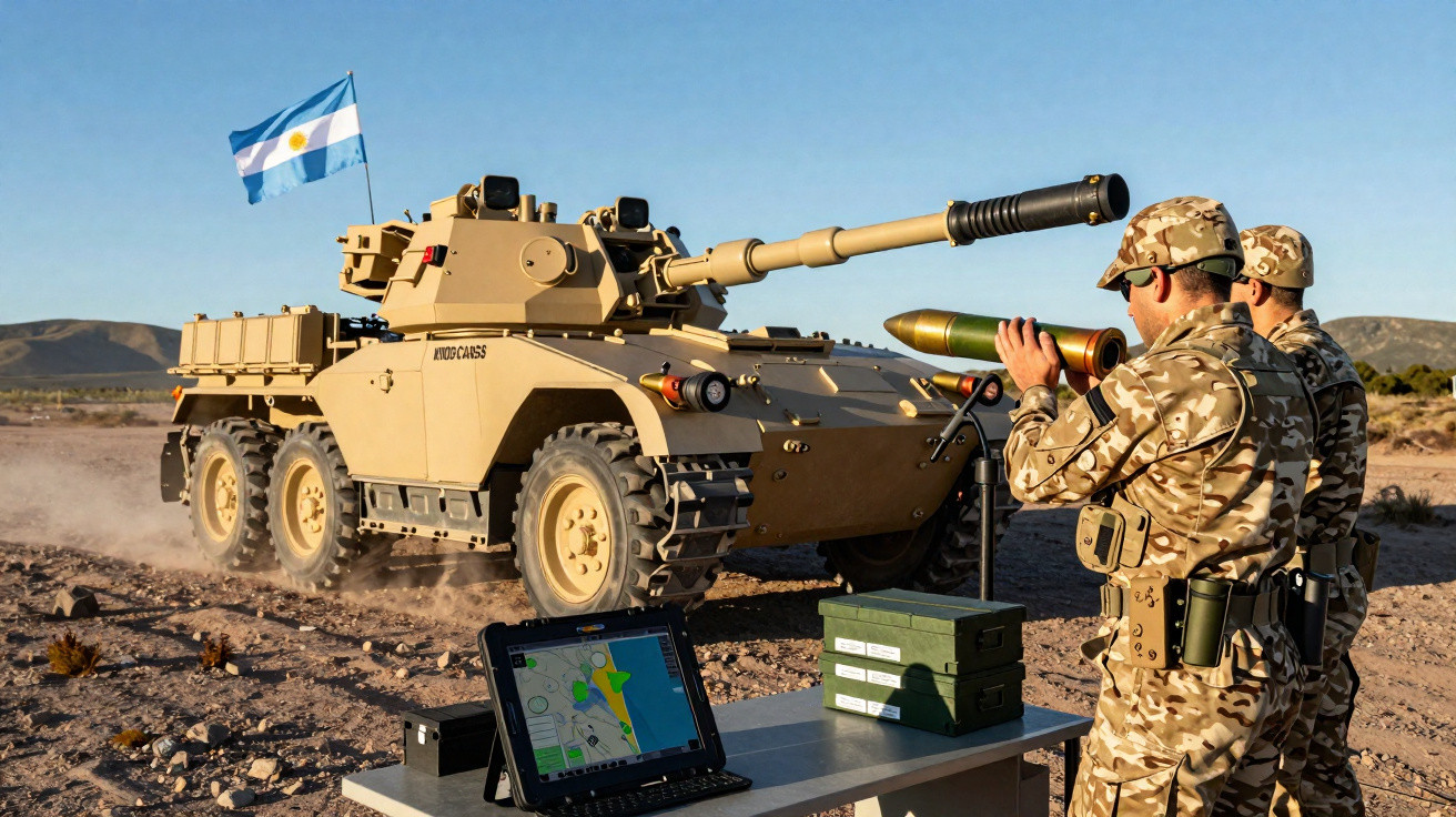 Soldados em uniforme camuflado operam blindado com bandeira da Argentina em terreno desértico.