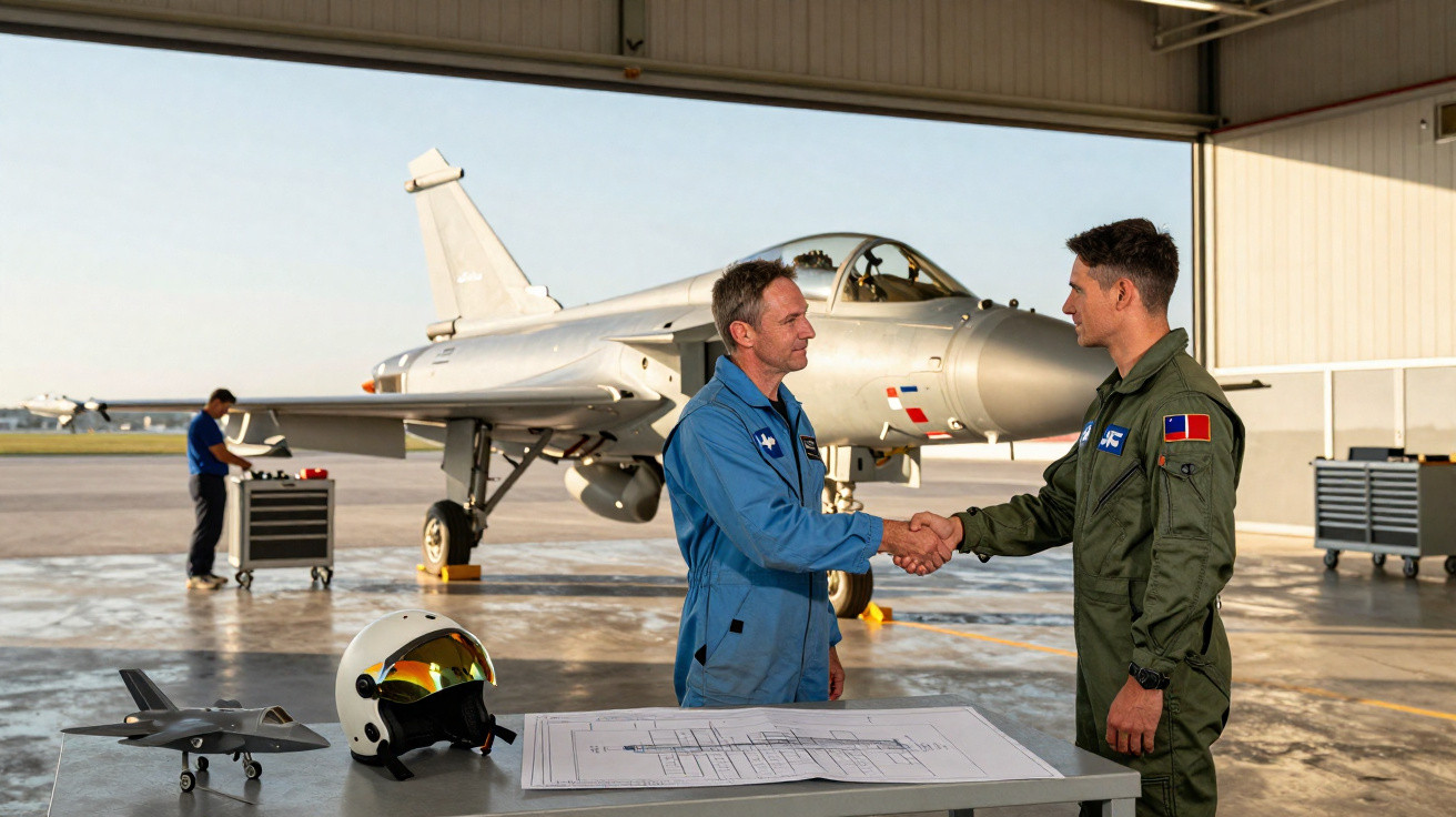 Dois pilotos em macacão apertam as mãos em hangar com avião de caça ao fundo e mesa com capacete e planta.