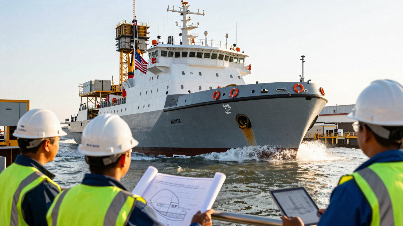 Três trabalhadores com capacetes e coletes refletores observam navio cinza e branco no porto ao pôr do sol.