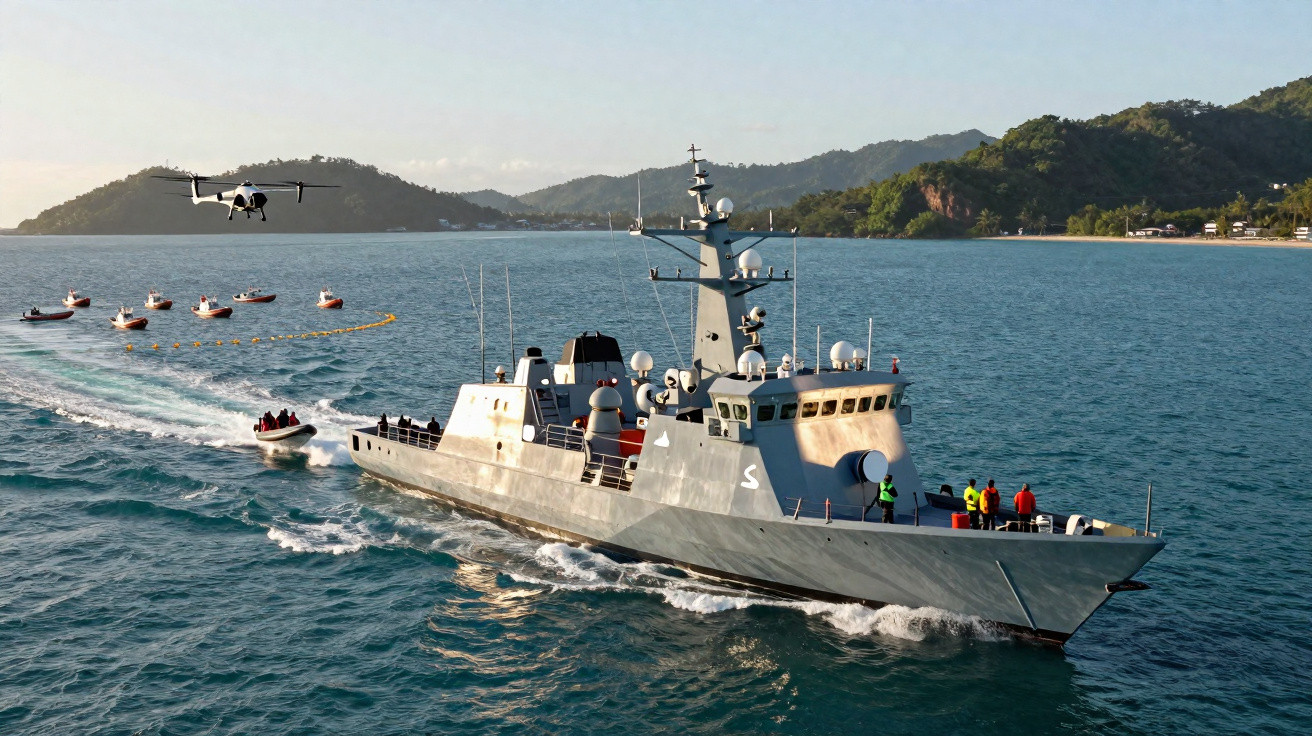 Navio militar cinza navegando no mar com pessoas no convés e avião pousando próximo à costa montanhosa.