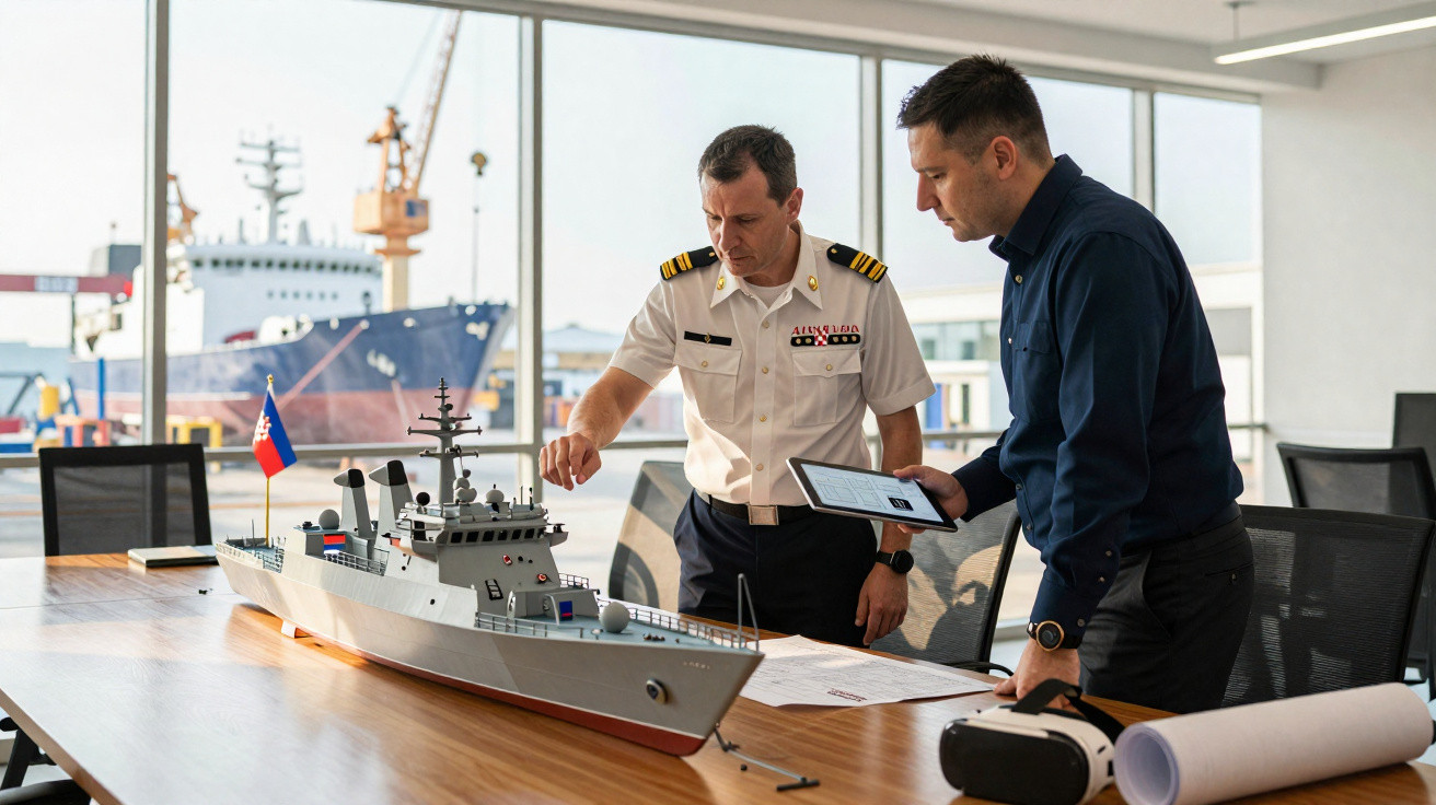Dois homens discutem modelo de navio militar com guindaste e navio ao fundo pela janela.