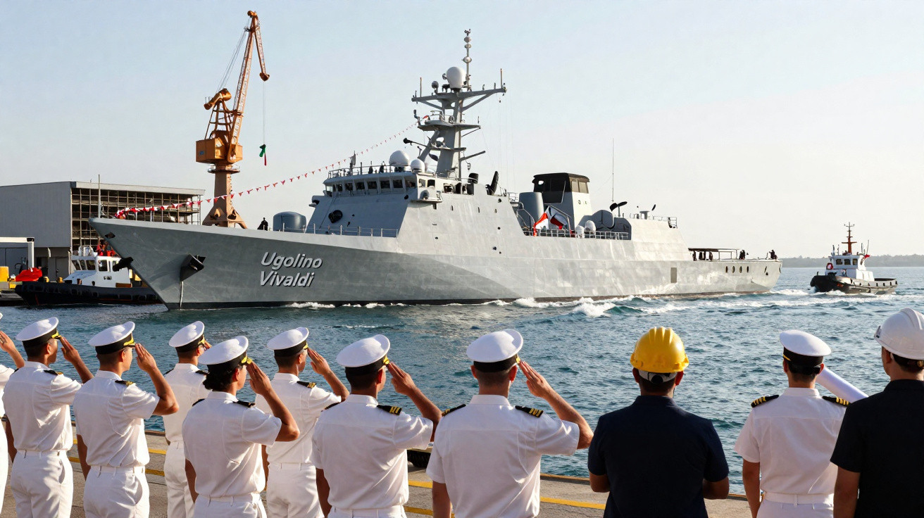 Marinheiros em uniforme naval saudando navio de guerra cinza Ugolino Vivaldi atracado no porto em dia ensolarado.