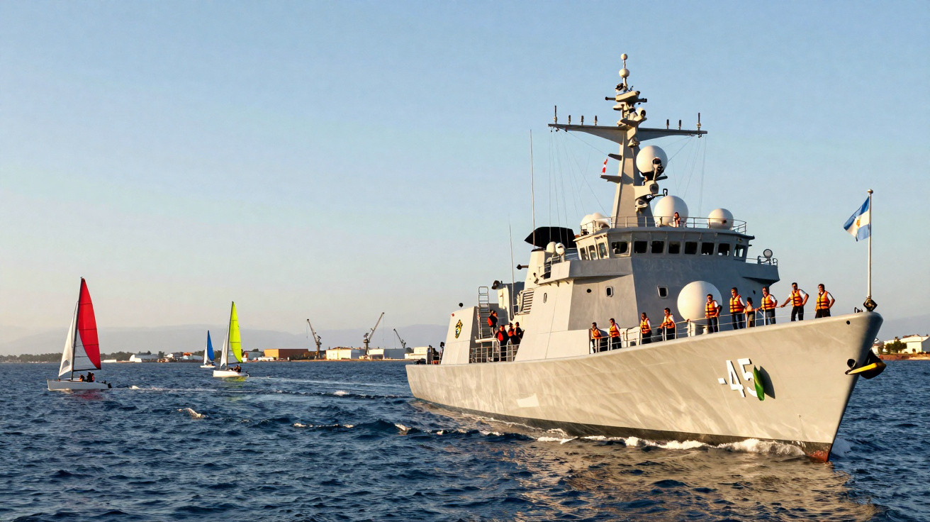 Navio militar com tripulação na proa e veleiros coloridos ao fundo no mar calmo ao entardecer.