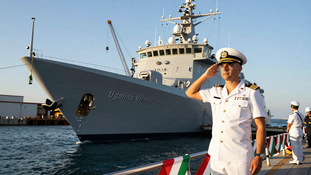 Oficial da marinha em uniforme branco saudando próximo a navio de guerra ancorado em porto.