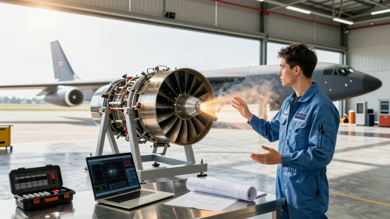 Engenheiro em macacão azul testa motor de avião dentro de hangar com equipamento e laptop.
