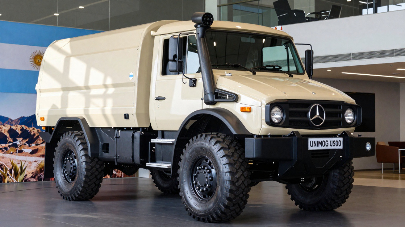 Caminhão Mercedes-Benz Unimog U900 bege em exposição interna em ambiente corporativo.