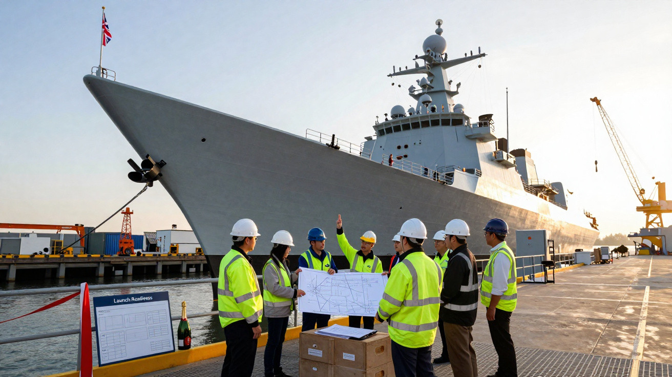 Equipe com capacetes e coletes discutindo projeto ao lado de um grande navio militar ancorado no porto.