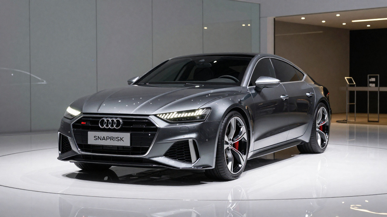 Carro esportivo Audi cinza metálico exibido em estande moderno com iluminação focada.
