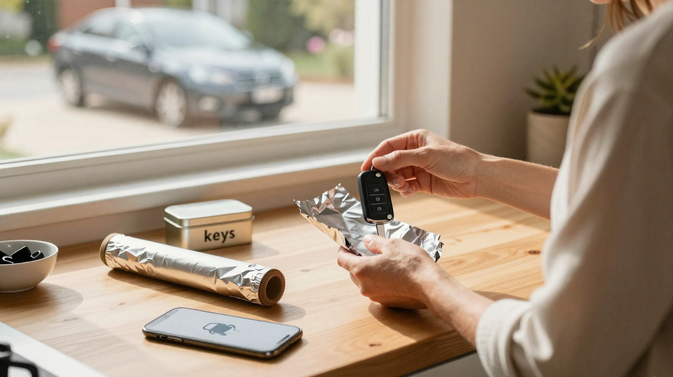 Pessoa colocando chave de carro embrulhada em papel alumínio sobre mesa com celular e pote identificado como keys.