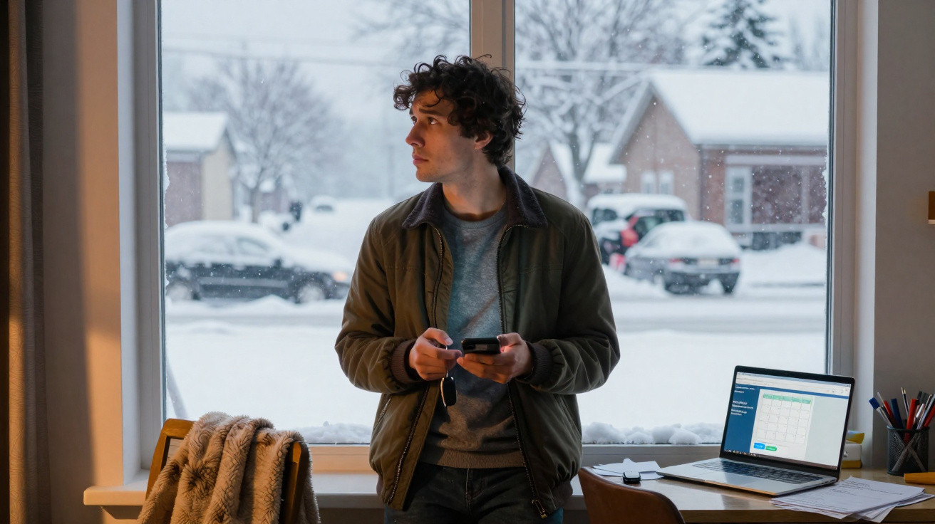 Homem olhando pela janela com neve do lado de fora, segurando celular em ambiente com laptop e mesa.