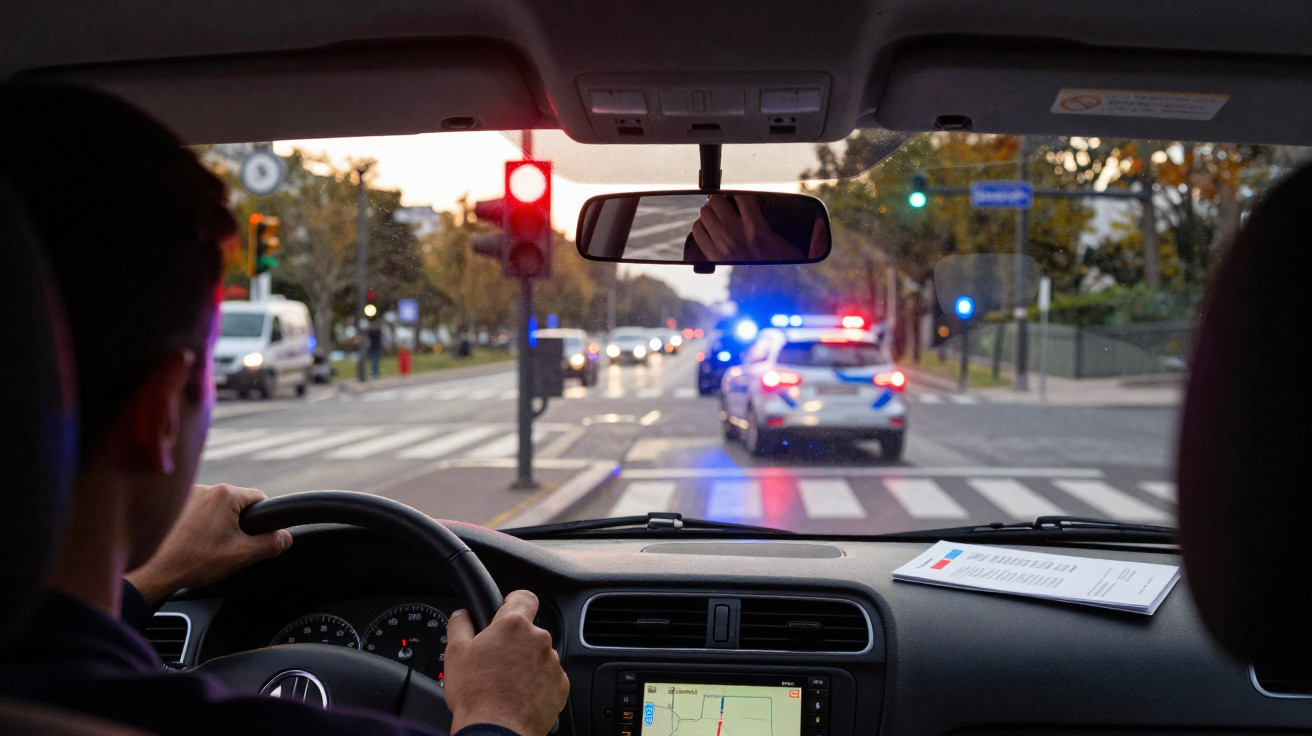 Motorista parado em carro com luz vermelha no semáforo e viatura policial com sirenes acesas à frente.
