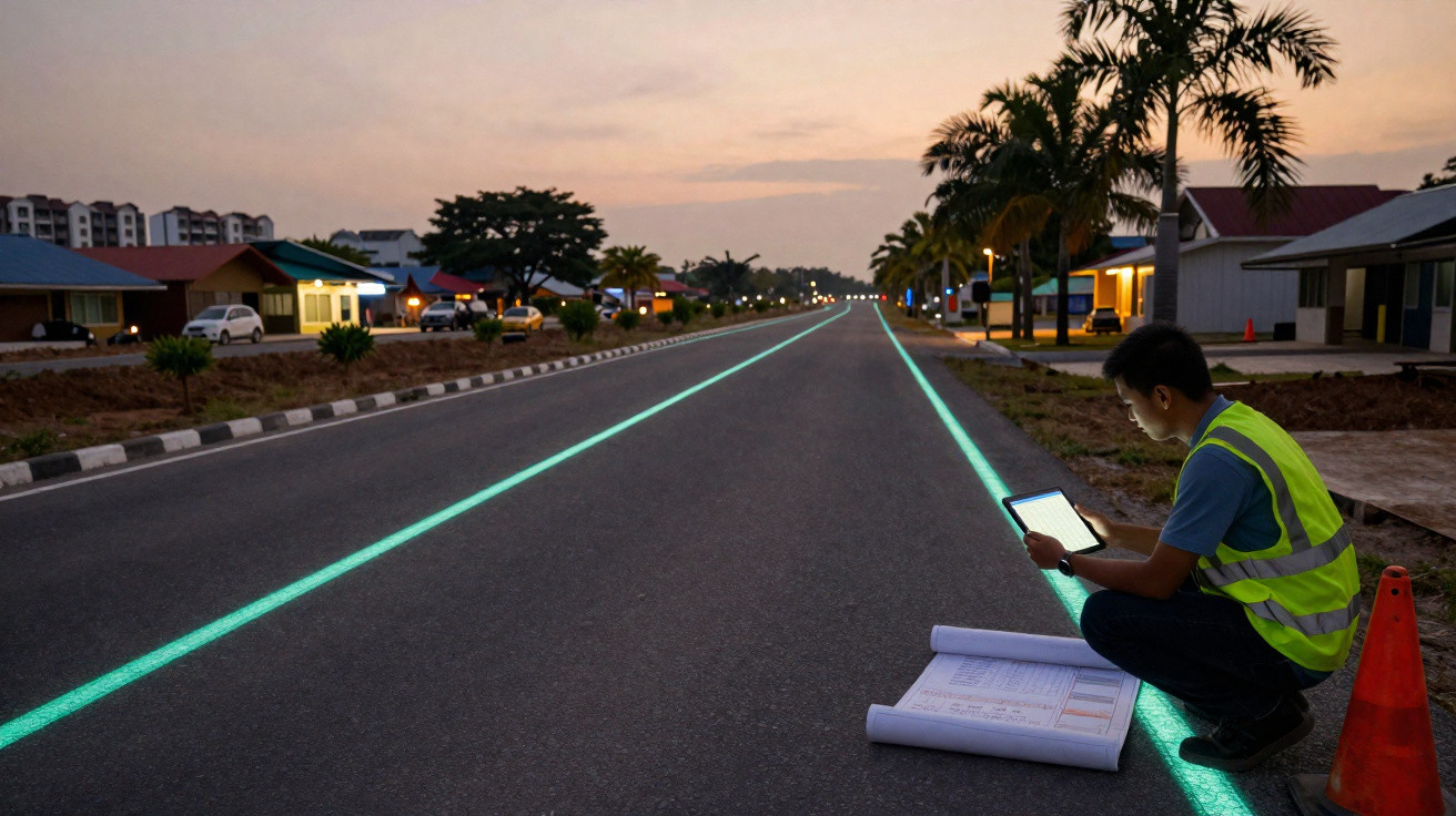 Homem com colete refletivo verifica desenhos em tablet e papel perto de linha de rua iluminada no crepúsculo.