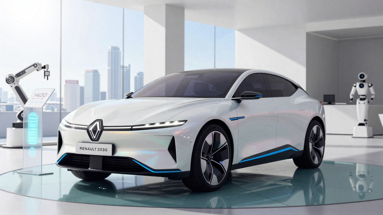 Carro elétrico conceito Renault 2030 branco exibido em showroom futurista com robôs ao fundo.