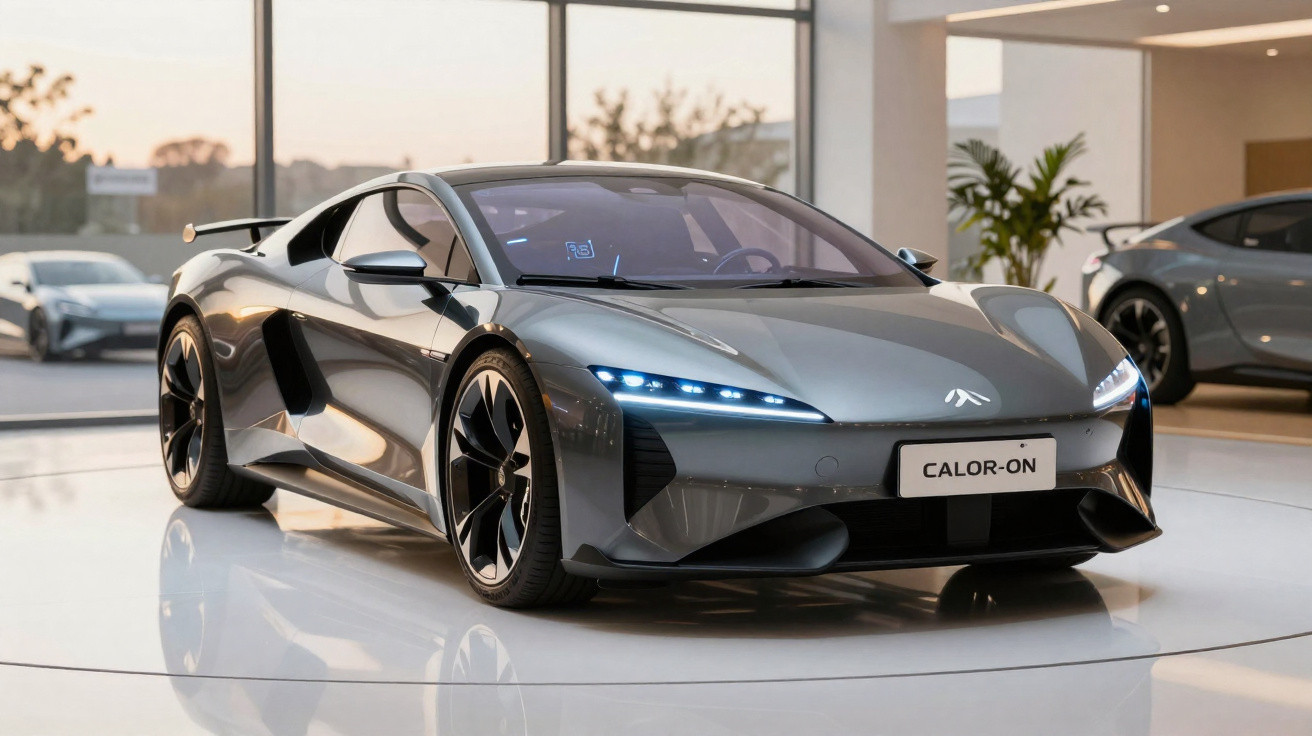 Carro esportivo elétrico cinza metálico estacionado em showroom moderno com luz natural ao fundo.