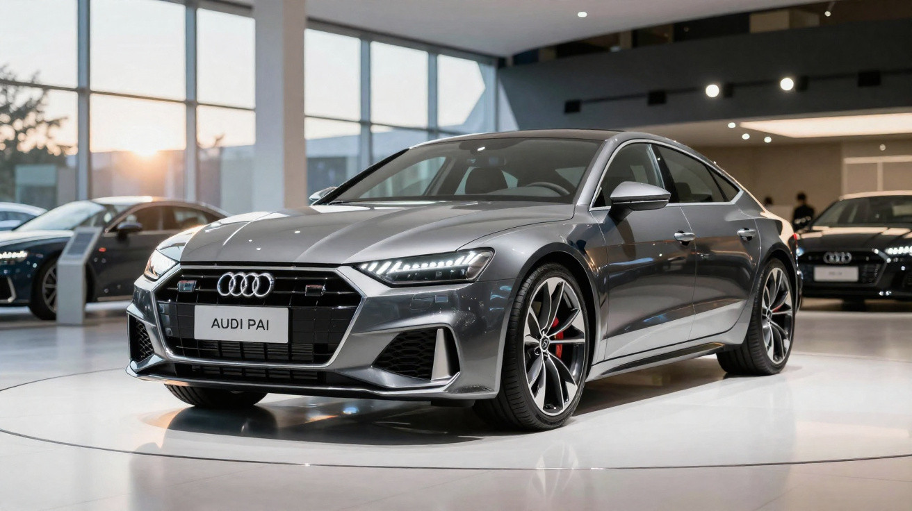 Carro Audi cinza estacionado em showroom moderno com iluminação interna e outros carros ao fundo.