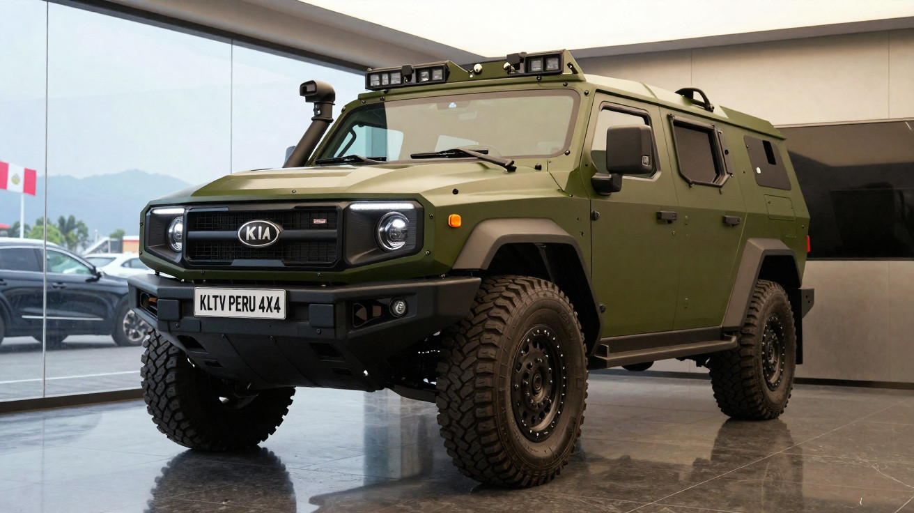 Veículo militar KIA KLTV Peru 4x4 verde com pneus robustos exposto em ambiente interno.