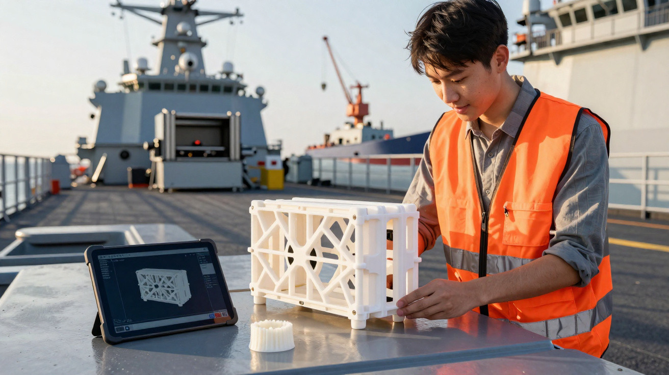 Pessoa com colete laranja trabalha em protótipo branco no convés de navio militar com tablet ao lado.