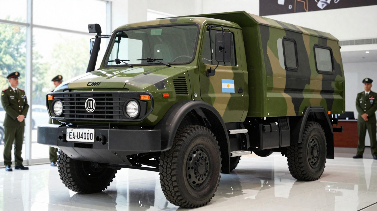 Caminhão militar camuflado verde com bandeira da Argentina em showroom com soldados ao fundo.