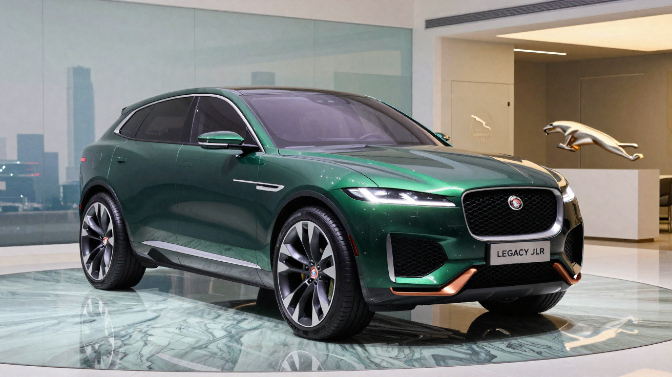 Carro SUV Jaguar Legacy JLR verde metálico exibido em showroom moderno.