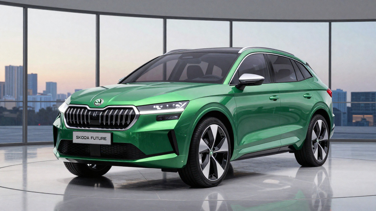 Carro SUV elétrico verde Skoda Future em exposição interna com vista urbana ao fundo.