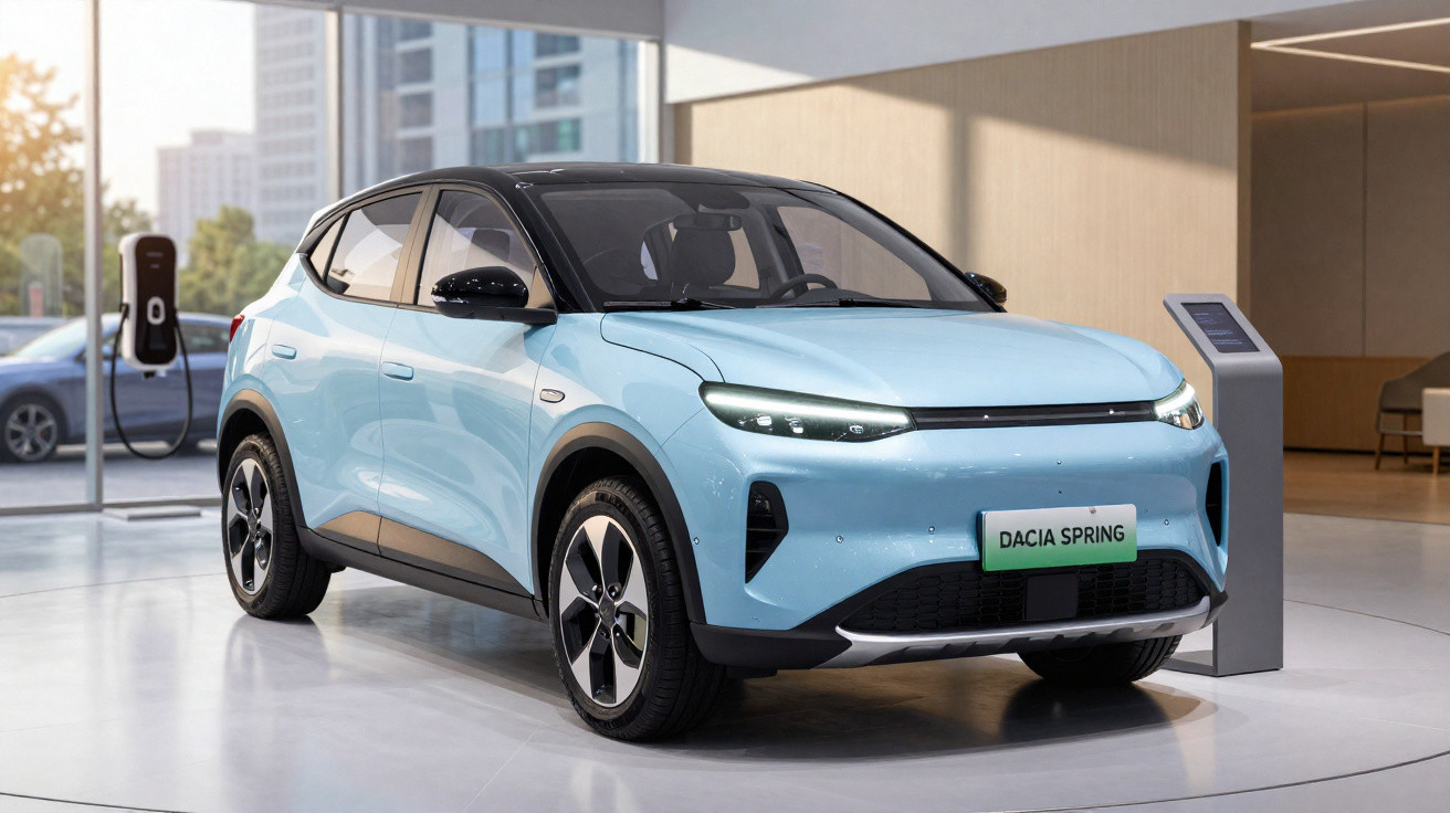 Carro elétrico azul claro Dacia Spring em showroom moderno com estação de carregamento ao fundo.