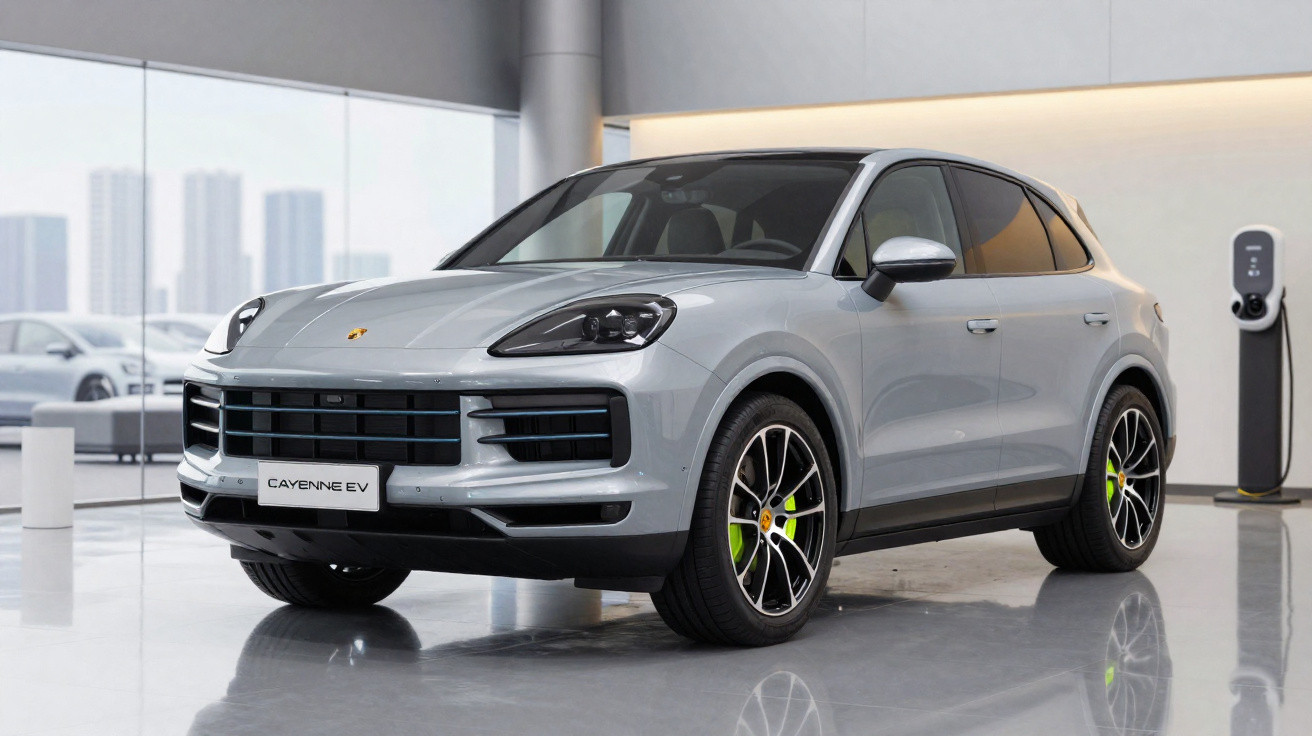 SUV Porsche Cayenne EV cinza em showroom moderno com carregador elétrico ao fundo.