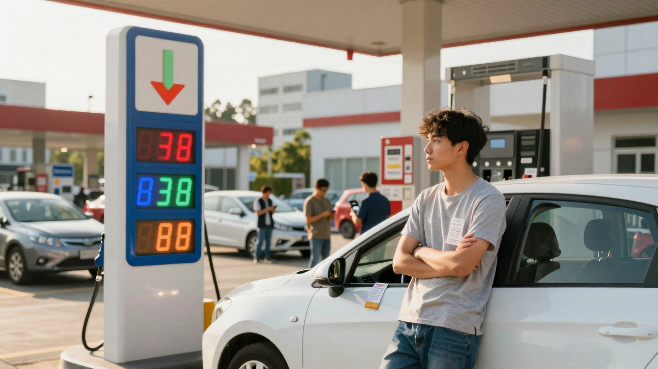 Jovem encostado em carro branco em posto de gasolina observando painel de preços de combustíveis.