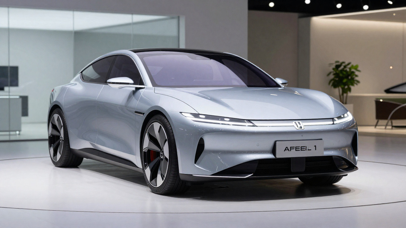 Carro elétrico prata Honda AFEEL 1 em exposição, com design futurista e rodas grandes.