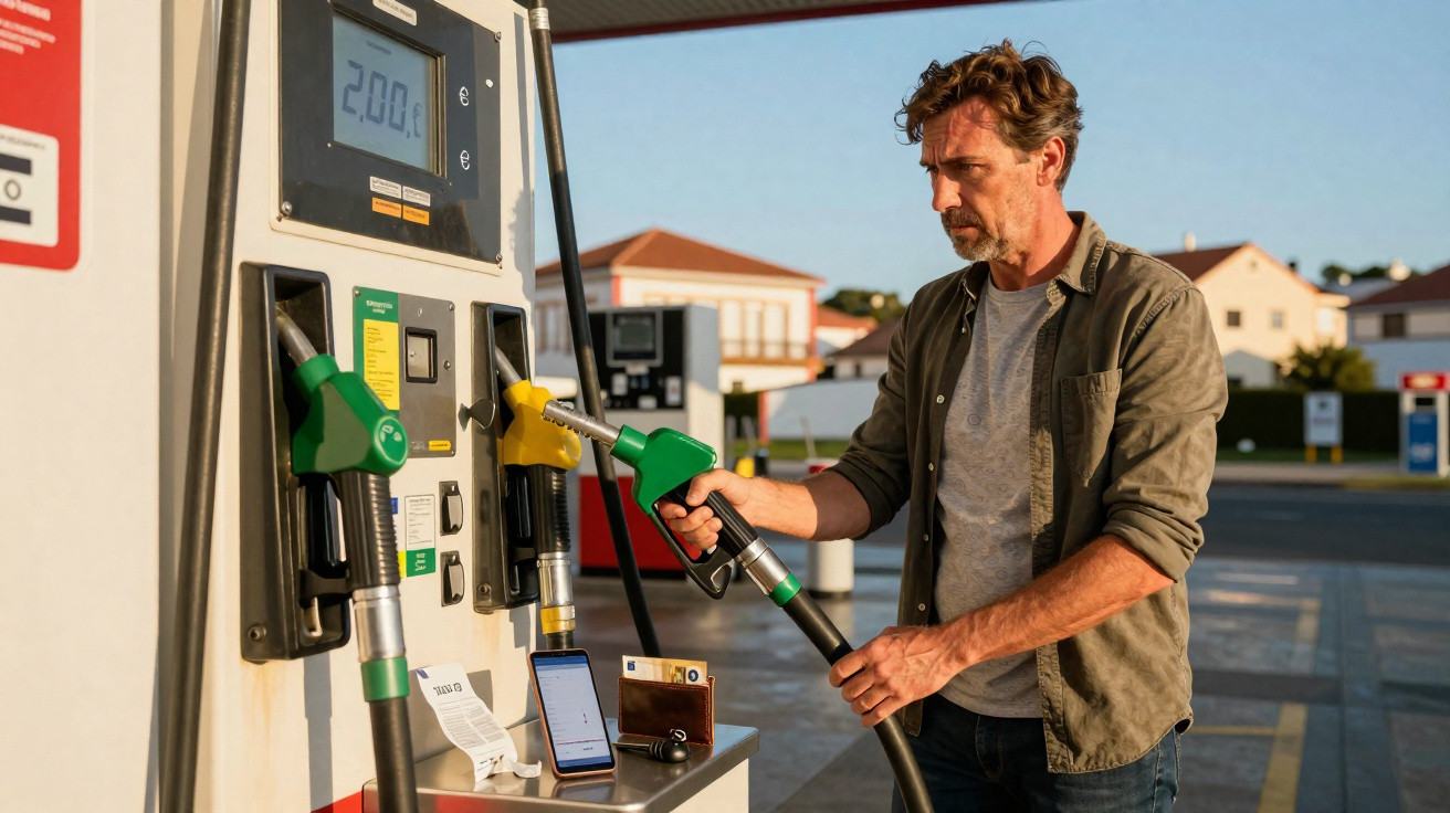 Homem abastecendo carro em posto de gasolina com bomba de combustível verde.