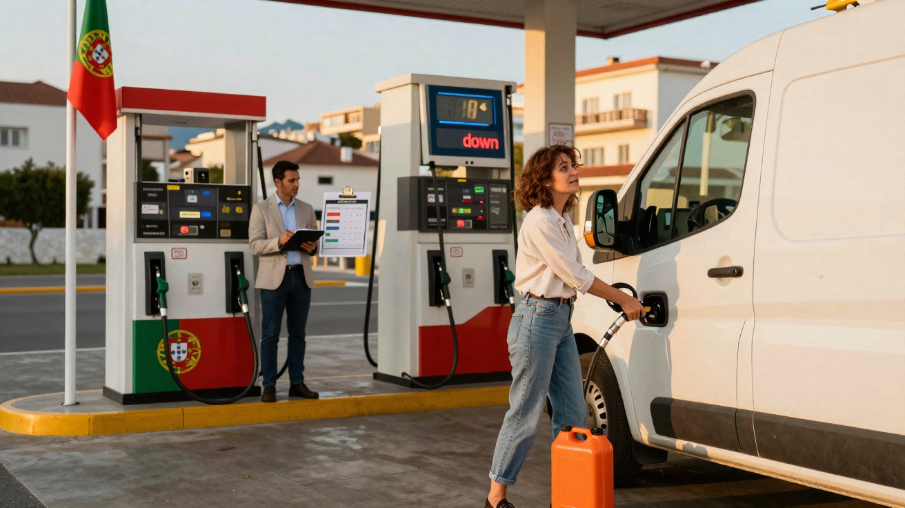 Mulher abastecendo van branca em posto de gasolina com bandeira de Portugal ao fundo.