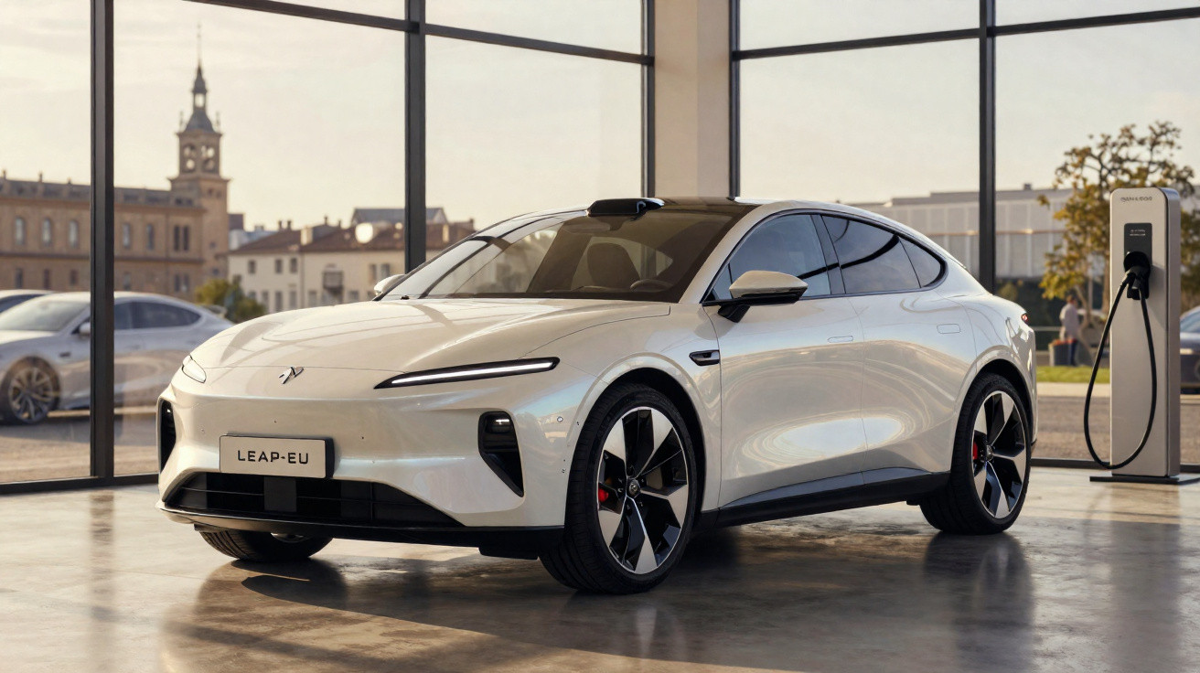 Carro elétrico branco LEAP-EU estacionado em showroom com estação de carregamento ao fundo.