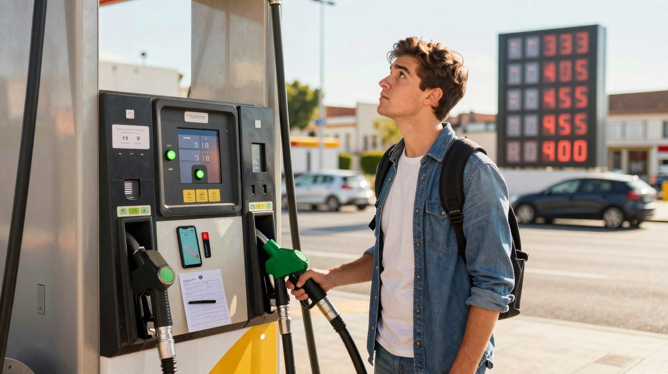 Jovem segurando bomba de combustível em posto de gasolina, olhando para quadro de preços ao fundo.