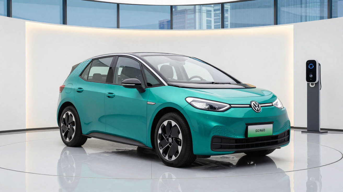 Carro elétrico Volkswagen ID.3 Neo verde em ambiente interno moderno com carregador ao fundo.