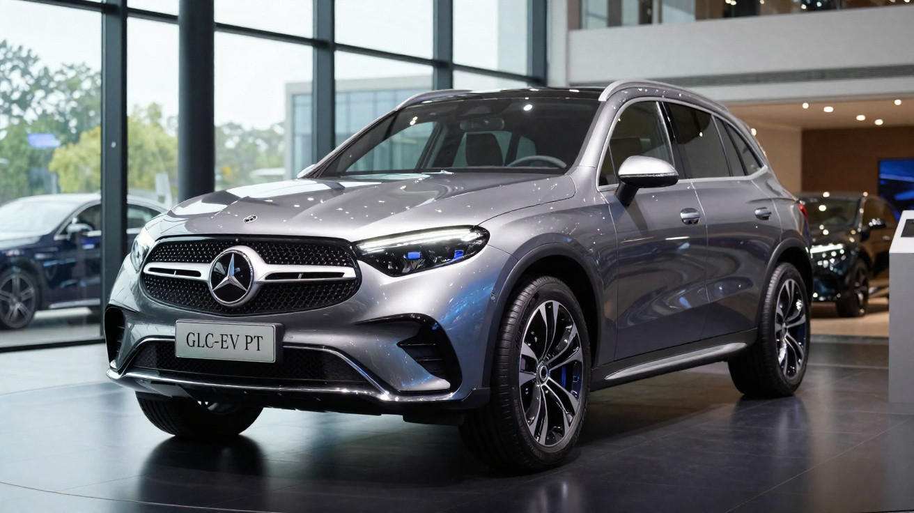 SUV Mercedes-Benz GLC-EV prata exibido em showroom moderno com janelas amplas ao fundo.