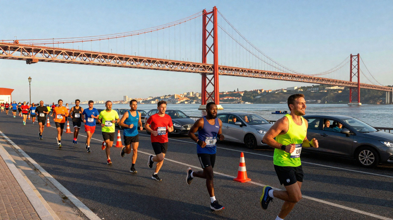 Corredores participam de maratona à beira do rio com ponte vermelha ao fundo em dia ensolarado.