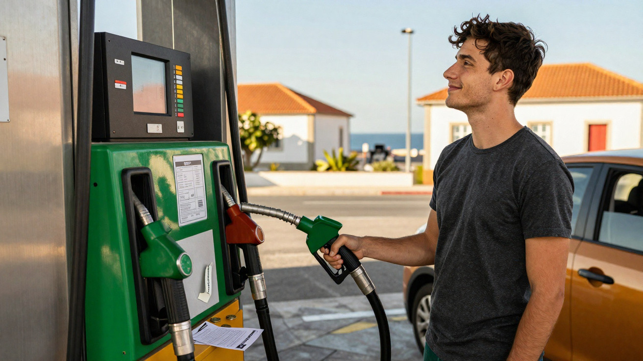 Homem sorridente abastecendo carro em posto de gasolina ao ar livre durante o dia.