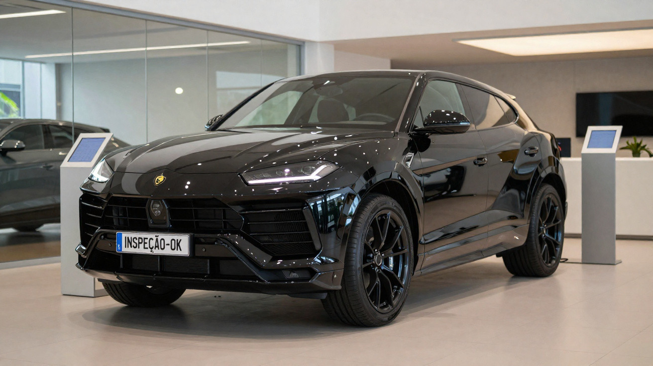 Carro SUV preto sofisticado em ambiente interno com placa personalizada "INSPEÇÃO-OK".