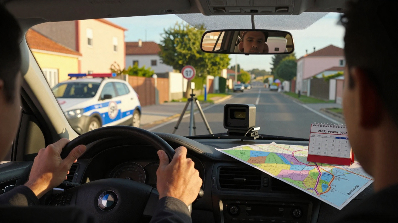 Motorista diante do volante com mapa e câmera no painel, com viatura policial e radar na rua à frente.