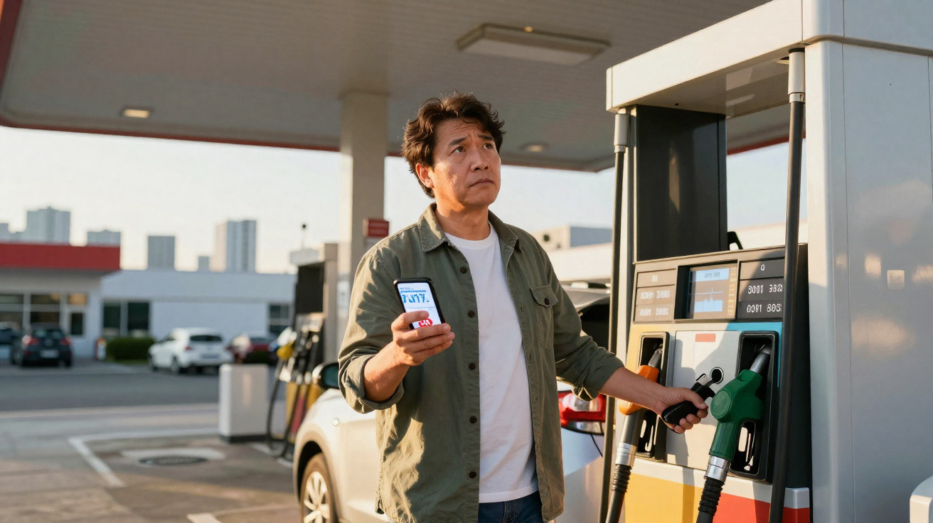 Homem abastecendo carro em posto de gasolina enquanto olha para cima segurando celular.