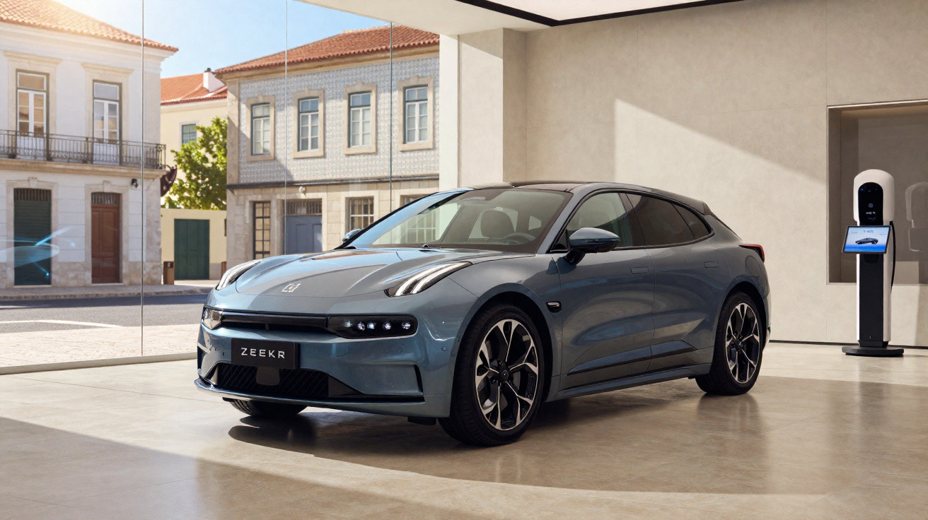 Carro elétrico cinza modelo Zeekr estacionado em salão moderno com carregador elétrico ao fundo.