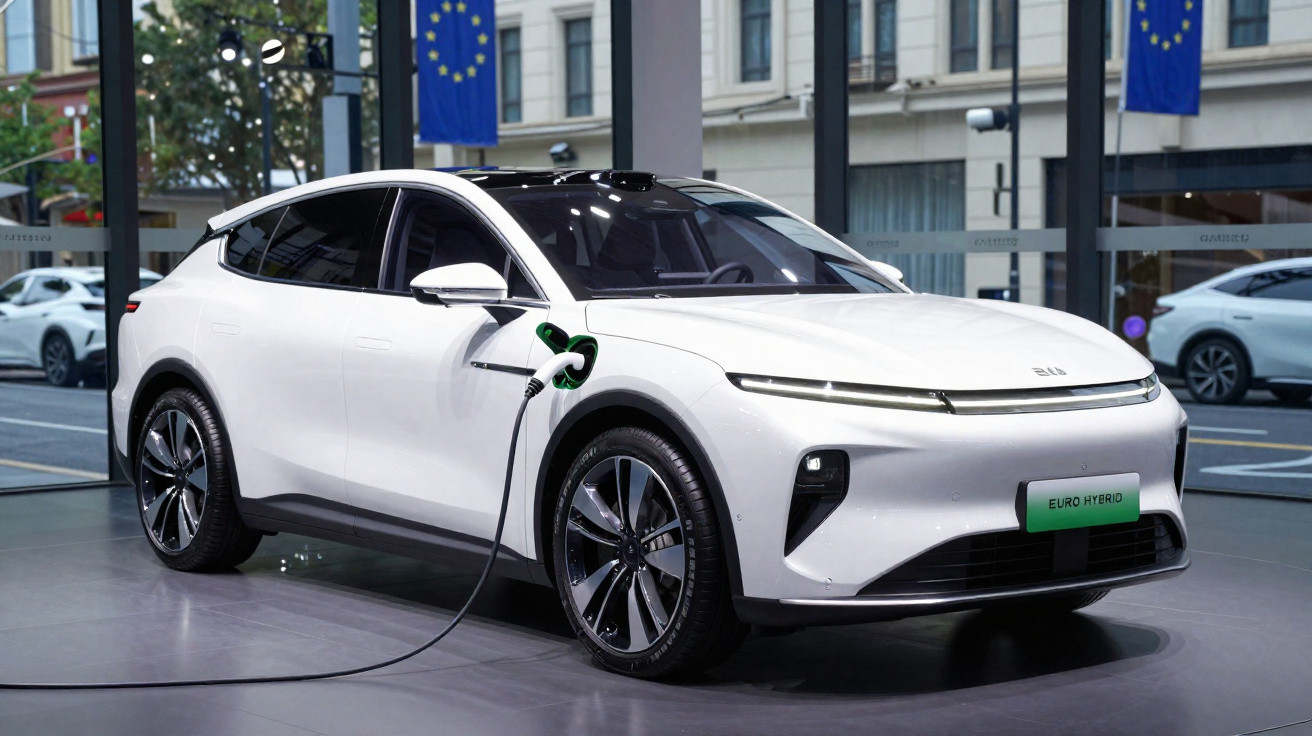 Carro elétrico branco conectando-se a carregador em showroom com bandeiras da União Europeia ao fundo.