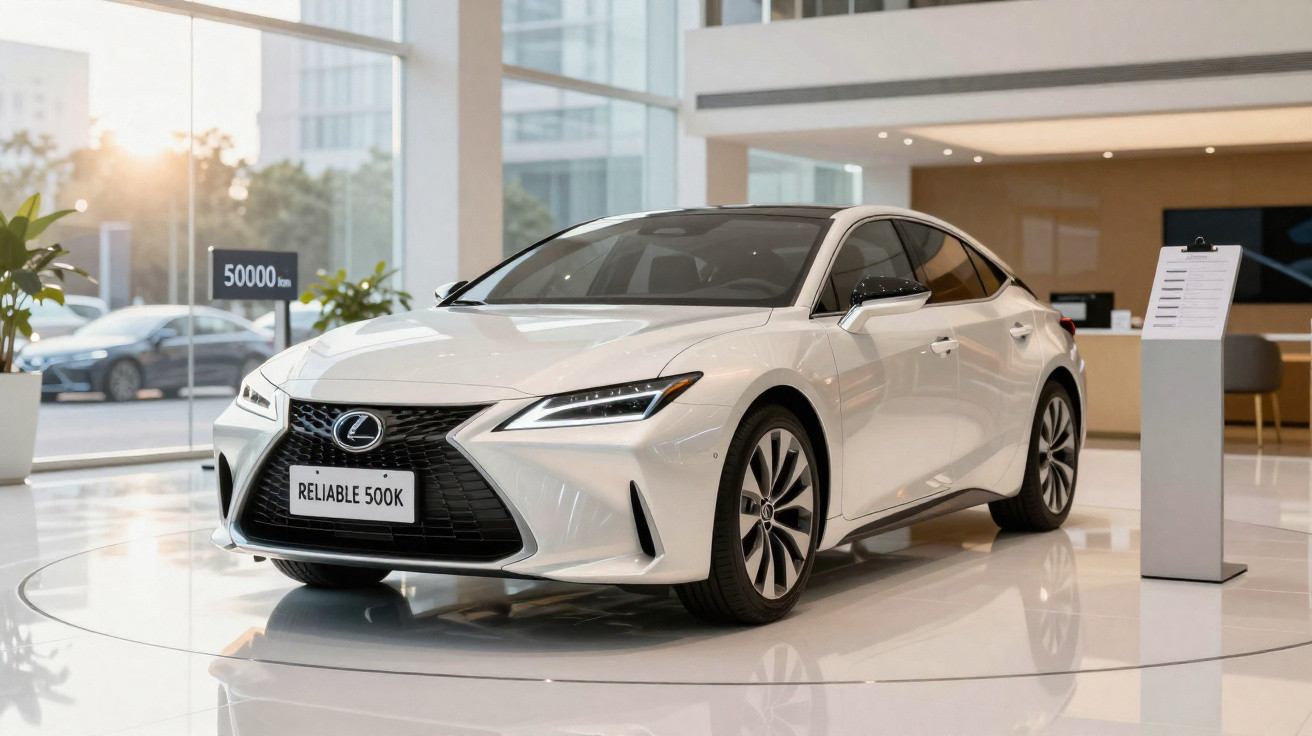 Carro sedan branco Lexus exibido em showroom moderno com iluminação natural.